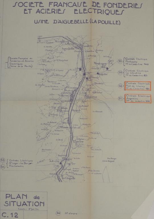 Carte de situation de l'usine de La Pouille et des centrales hydroélectriques qui l'alimentent, 1945